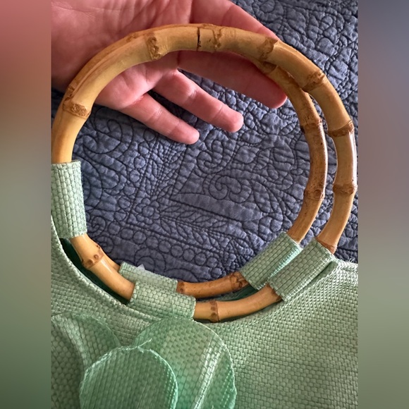 NEIMAN MARCUS Green Floral Tote Bag with Bamboo Handles Vintage 1970’s Beauty - Picture 7 of 15